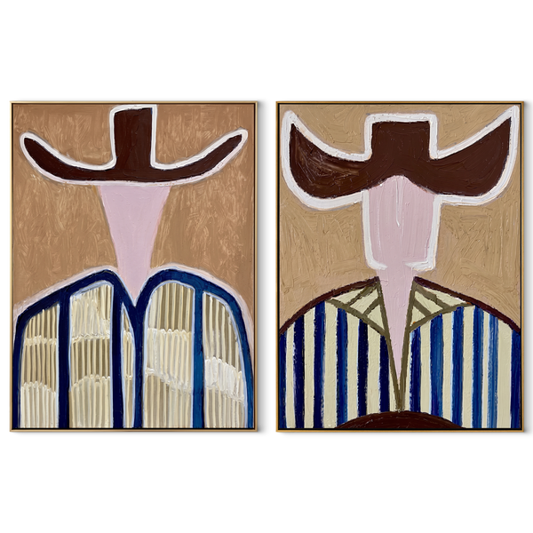 Blue Stripes Guard Dust – blue Western Portrait Diptych Painting | Modern Vintage Americana Set of 2 Wall Art