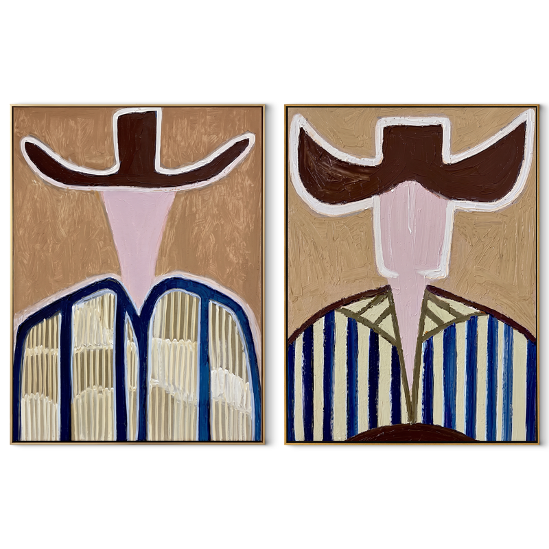 Blue Stripes Guard Dust – blue Western Portrait Diptych Painting | Modern Vintage Americana Set of 2 Wall Art