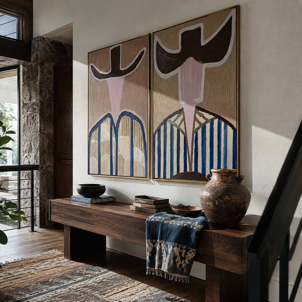 Blue Stripes Guard Dust Vintage Americana diptych in a collected room