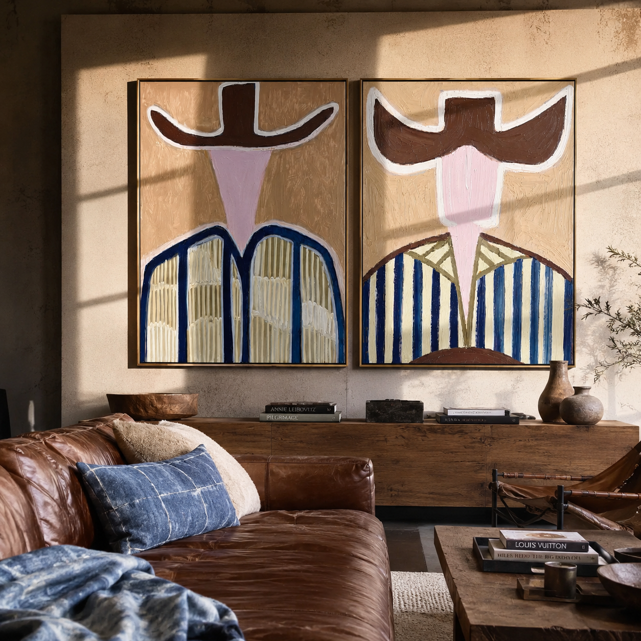 Blue Stripes Guard Dust two-panel Western artwork with layered color