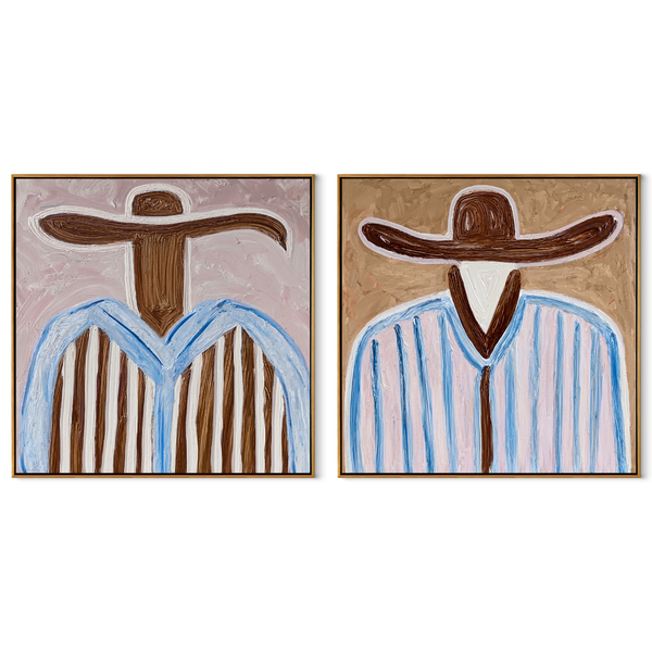 Pale Blue Lines Wander – pale blue Western Portrait Diptych Painting | Modern Vintage Americana Set of 2 Wall Art