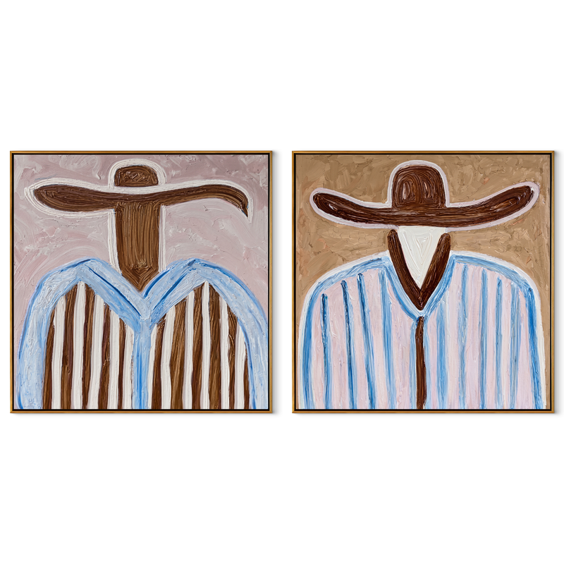 Pale Blue Lines Wander – pale blue Western Portrait Diptych Painting | Modern Vintage Americana Set of 2 Wall Art