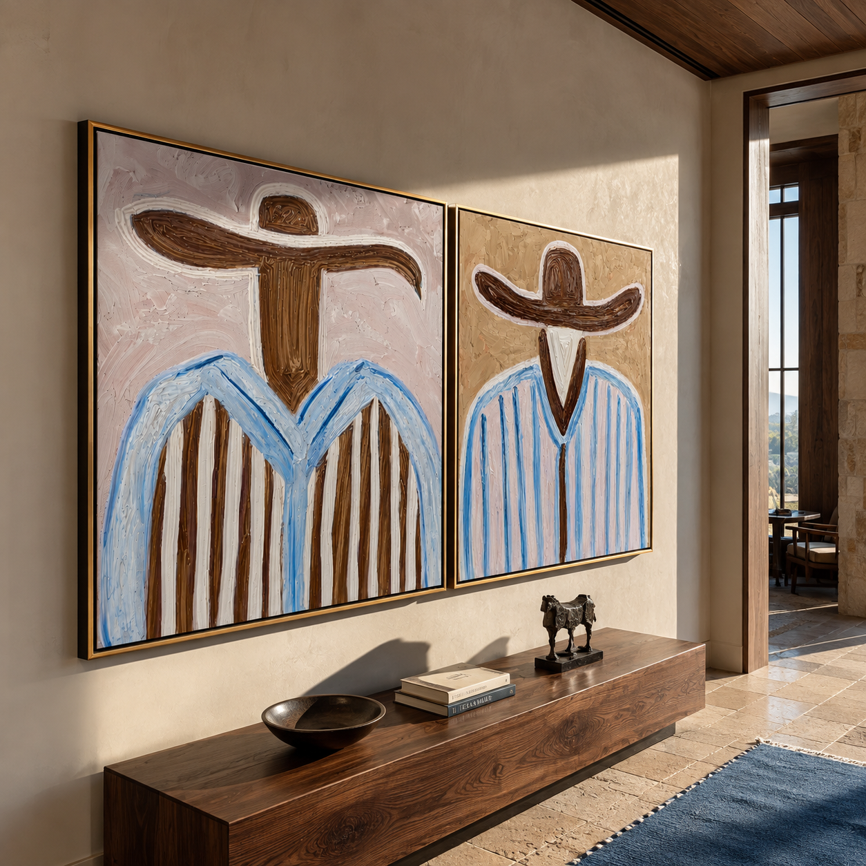 Pale Blue Lines Wander paired wall art styled above modern furniture