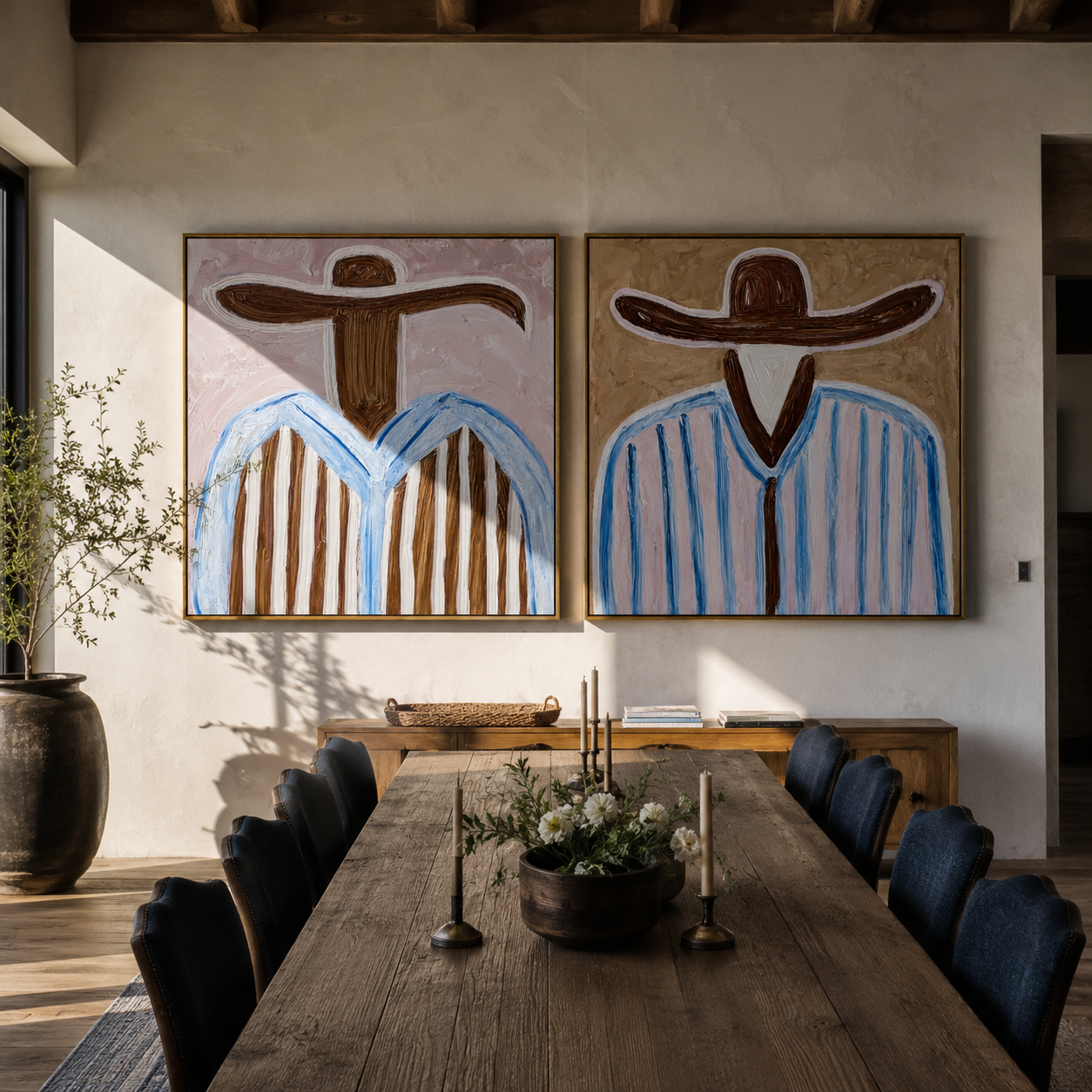 Pale Blue Lines Wander two-panel Western artwork with layered color