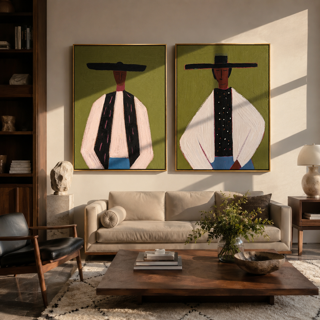 Formal Riders Stand Apart Western diptych displayed in a contemporary interior