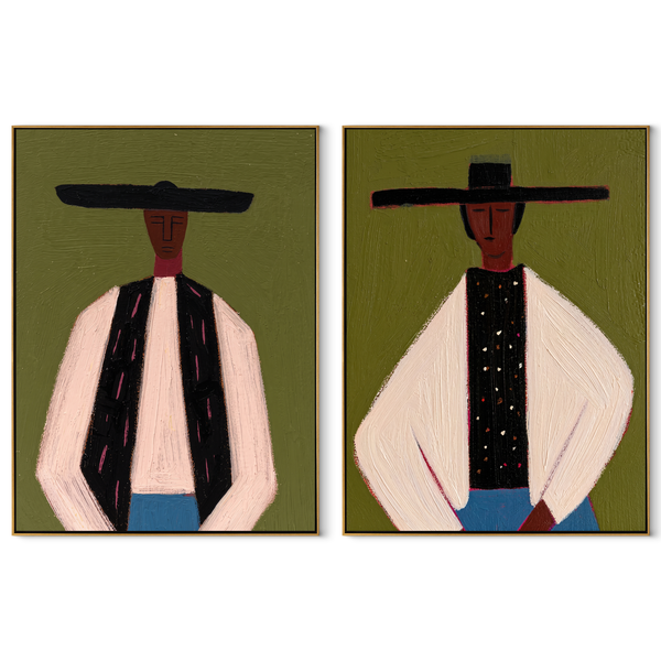 Formal Riders Stand Apart – black Western Portrait Diptych Painting | Modern Vintage Americana Set of 2 Wall Art