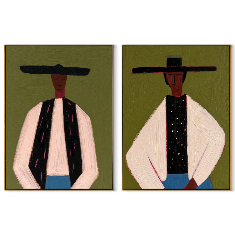 Formal Riders Stand Apart – black Western Portrait Diptych Painting | Modern Vintage Americana Set of 2 Wall Art