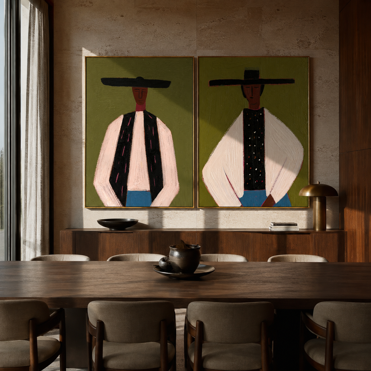 Formal Riders Stand Apart paired wall art styled above modern furniture