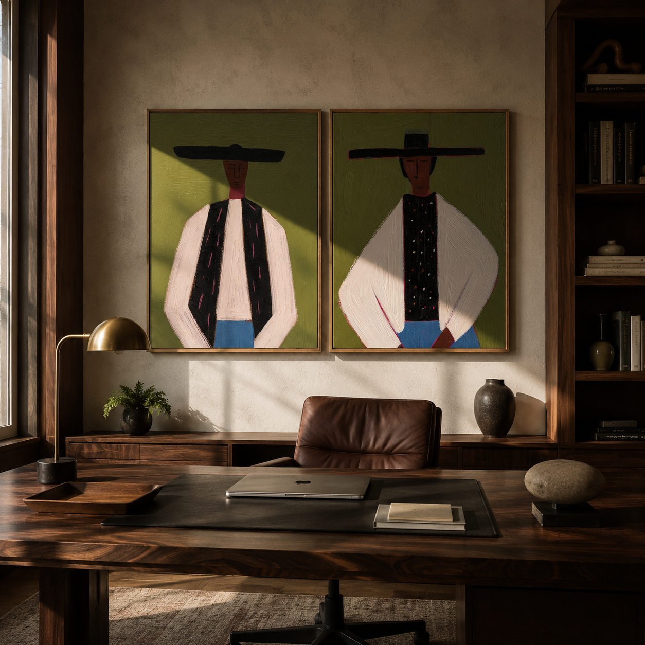 Formal Riders Stand Apart Vintage Americana diptych in a collected room