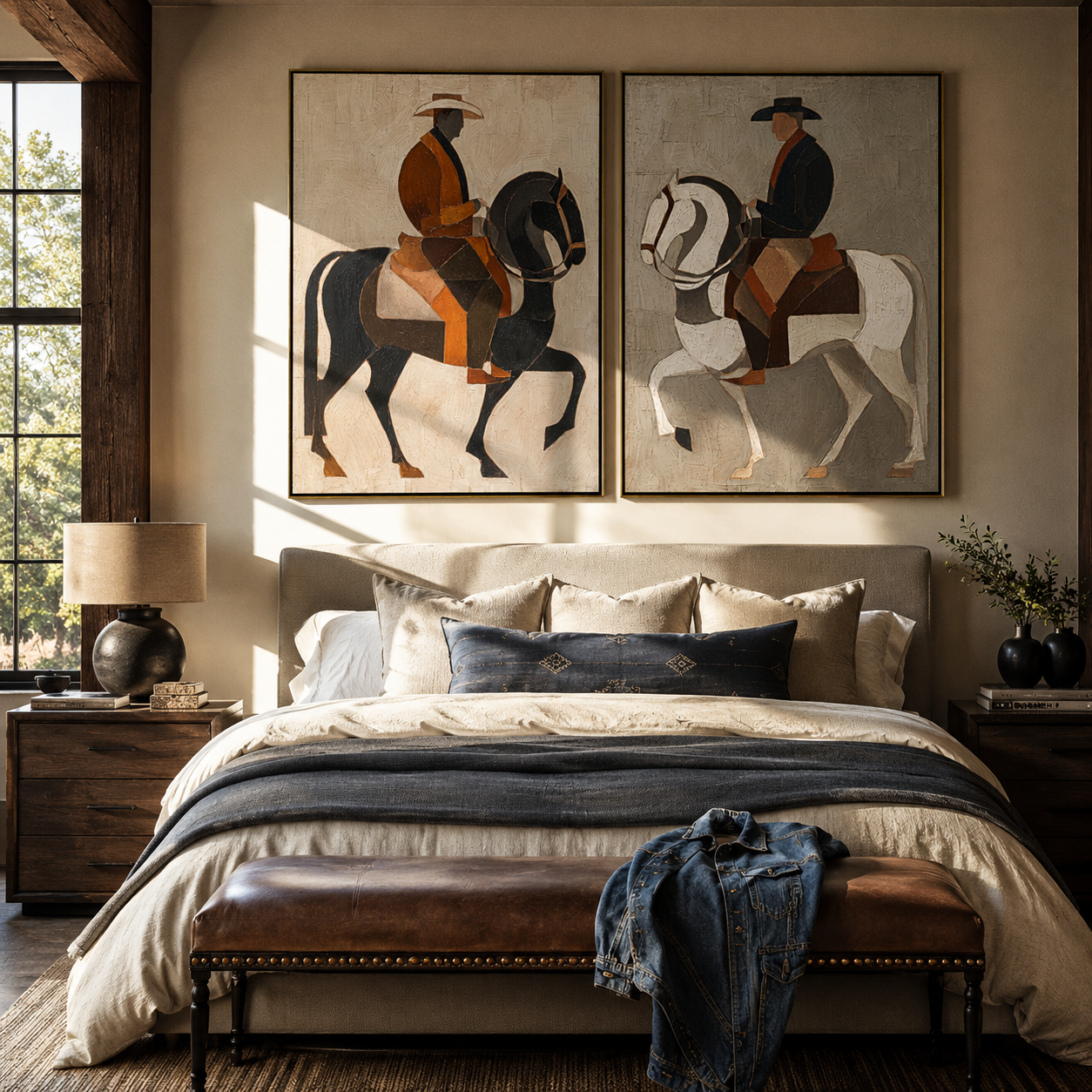 Geometric Riders Cross Earth Western diptych displayed in a contemporary interior