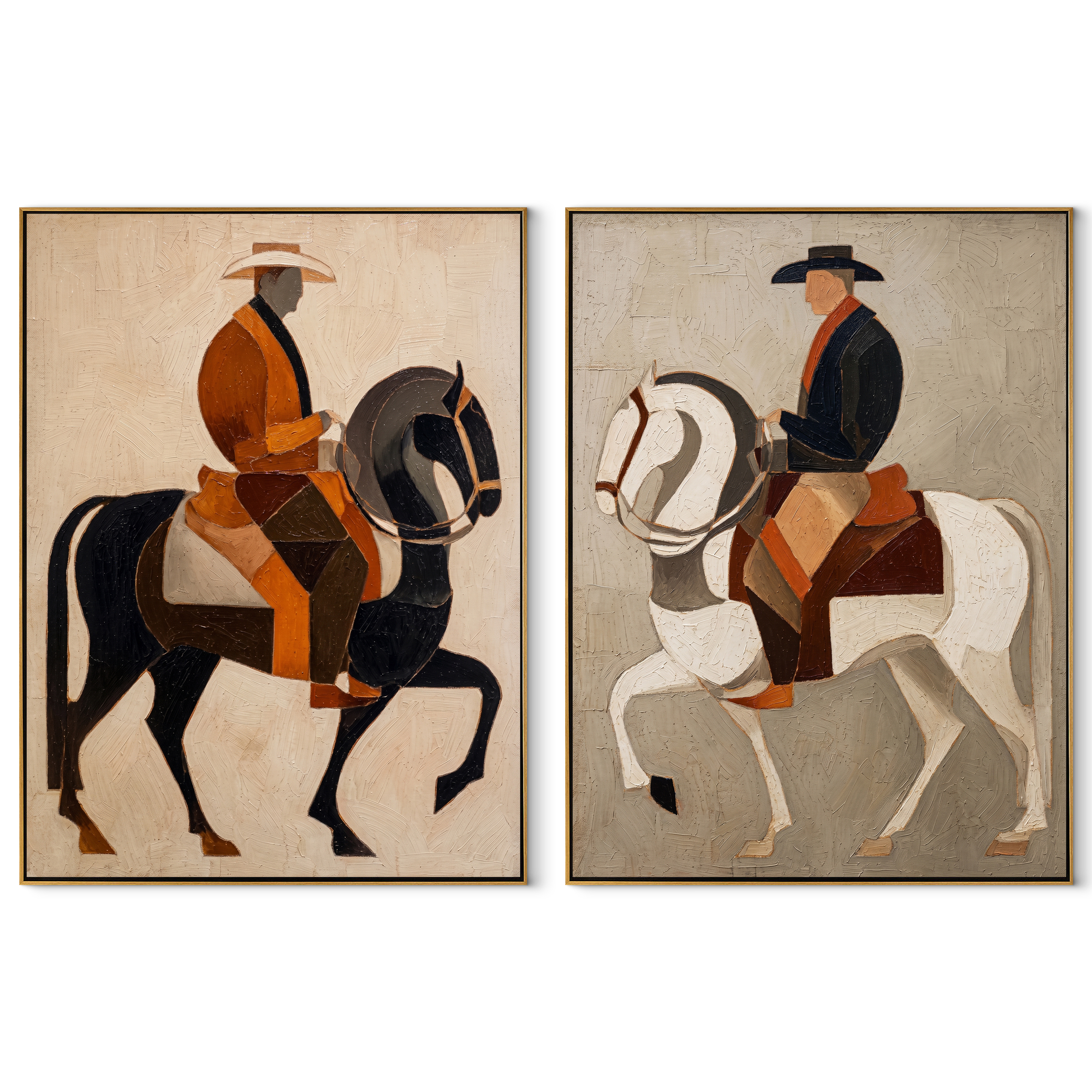 Geometric Riders Cross Earth set of two vertical canvas artworks on white