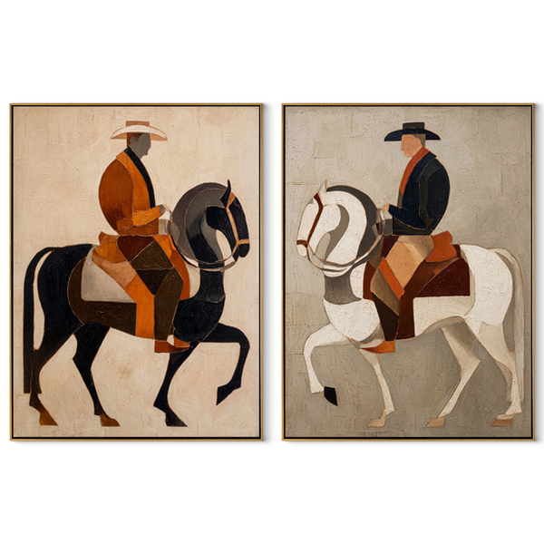 Geometric Riders Cross Earth – brown Western Rider Diptych Painting | Modern Vintage Americana Set of 2 Wall Art