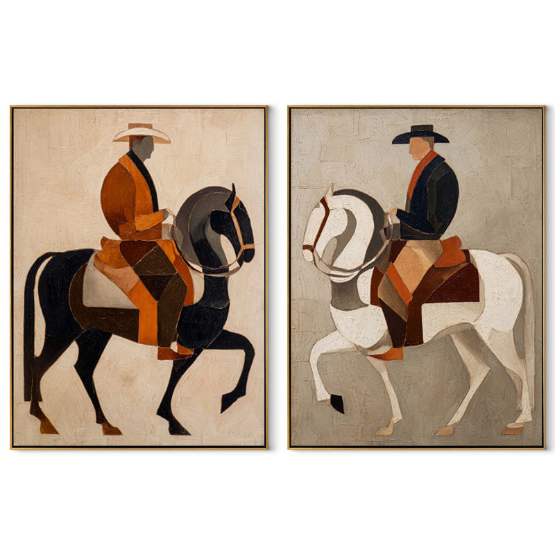 Geometric Riders Cross Earth – brown Western Rider Diptych Painting | Modern Vintage Americana Set of 2 Wall Art