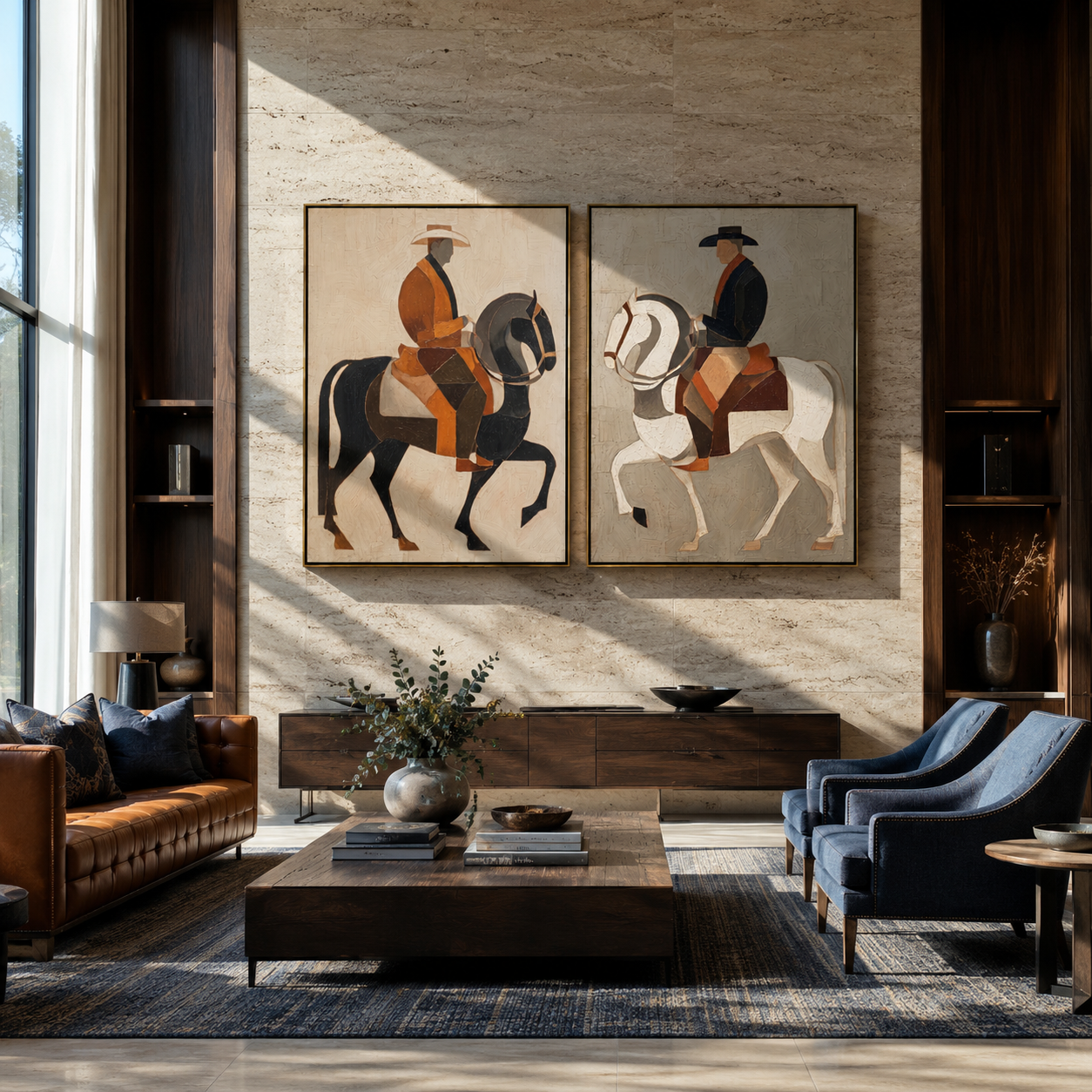 Geometric Riders Cross Earth paired wall art styled above modern furniture