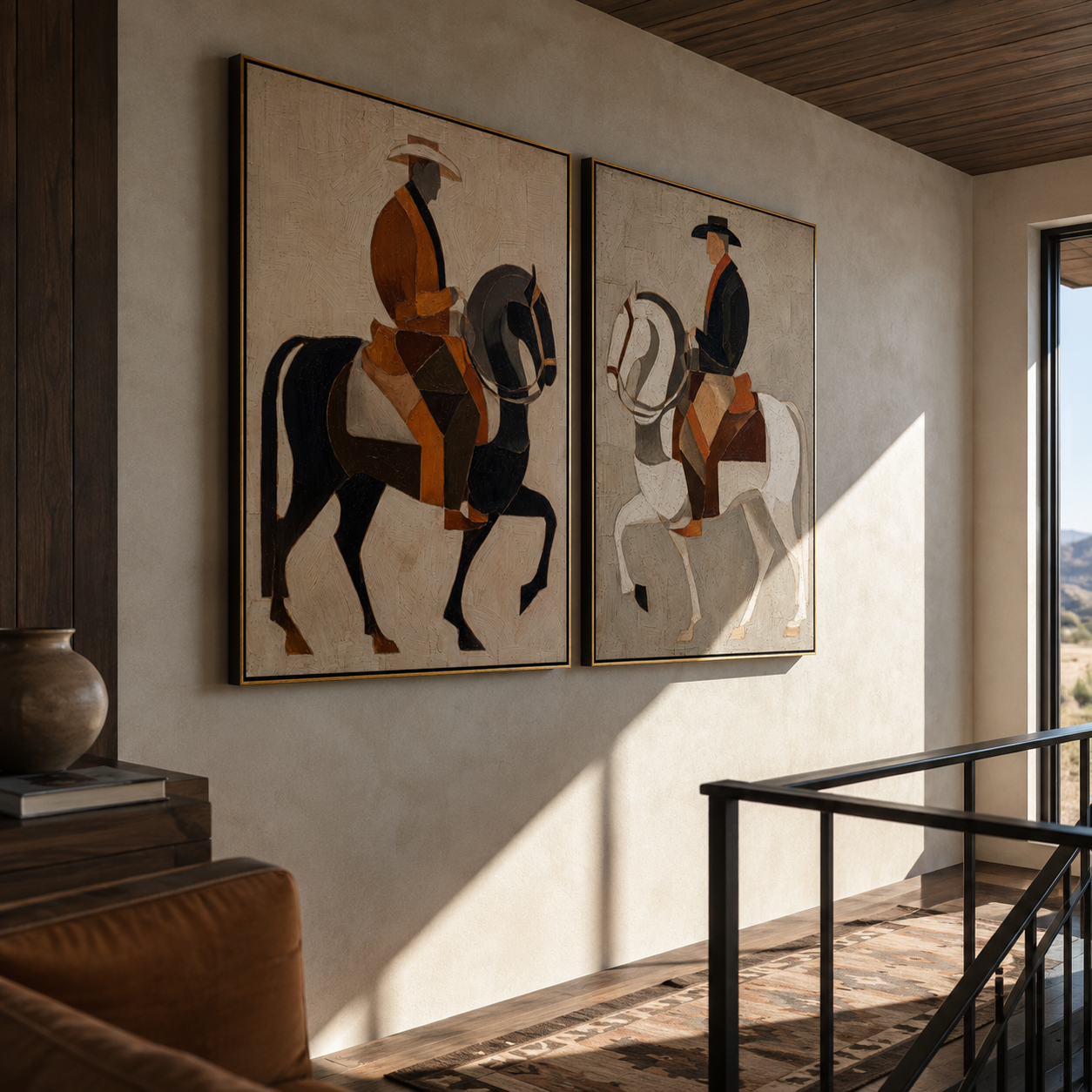 Geometric Riders Cross Earth Vintage Americana diptych in a collected room