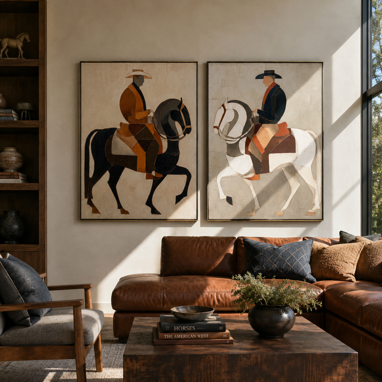 Geometric Riders Cross Earth two-panel Western artwork with layered color