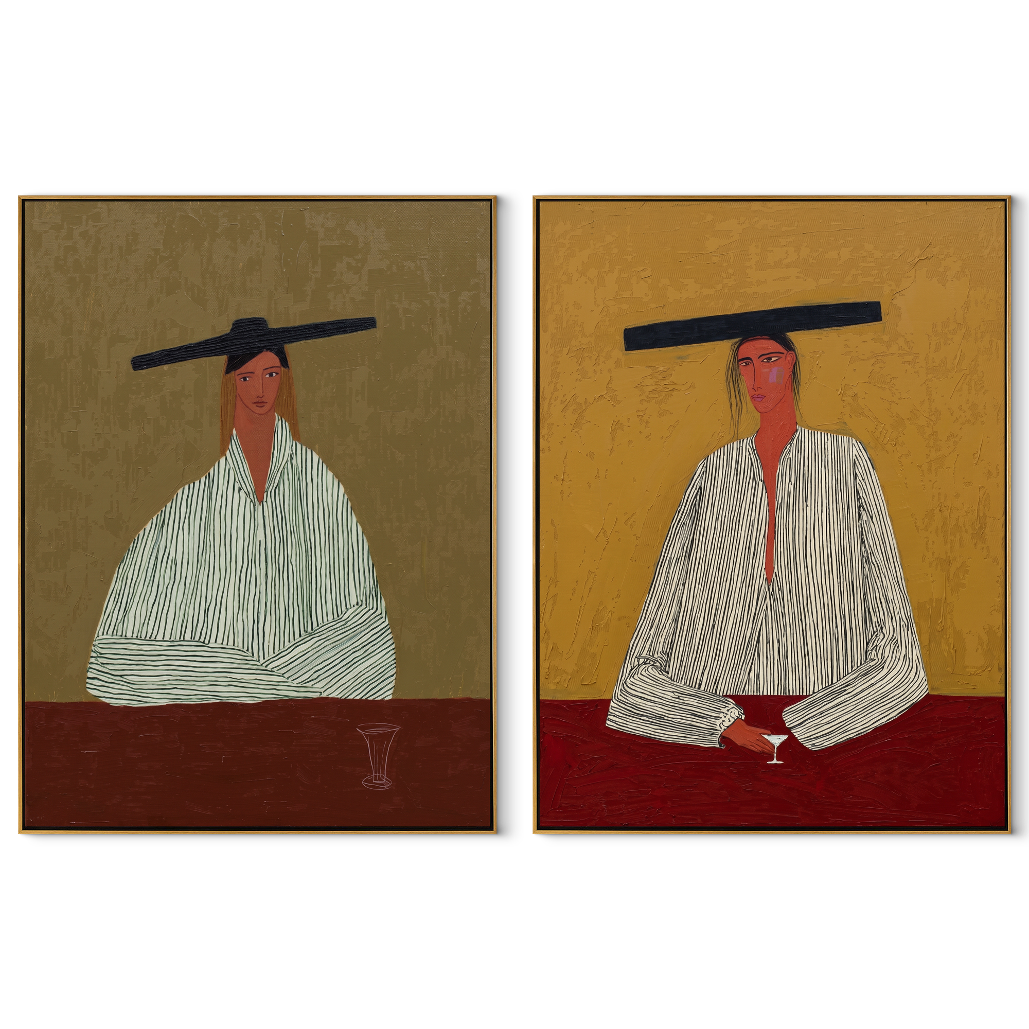 Red Table Keeps Company set of two vertical canvas artworks on white