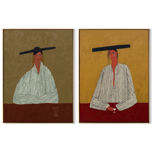 Red Table Keeps Company – red Western Portrait Diptych Painting | Modern Vintage Americana Set of 2 Wall Art