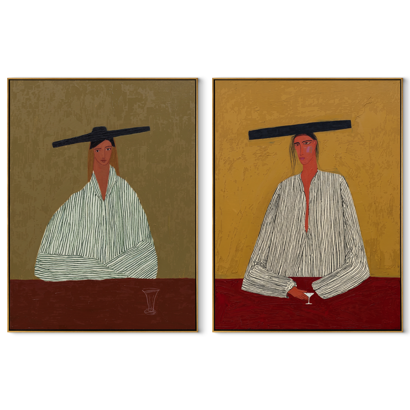 Red Table Keeps Company – red Western Portrait Diptych Painting | Modern Vintage Americana Set of 2 Wall Art