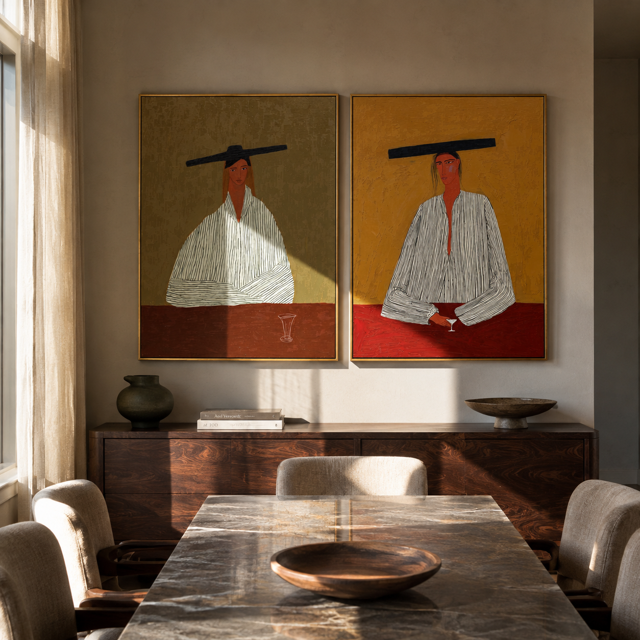 Red Table Keeps Company paired wall art styled above modern furniture