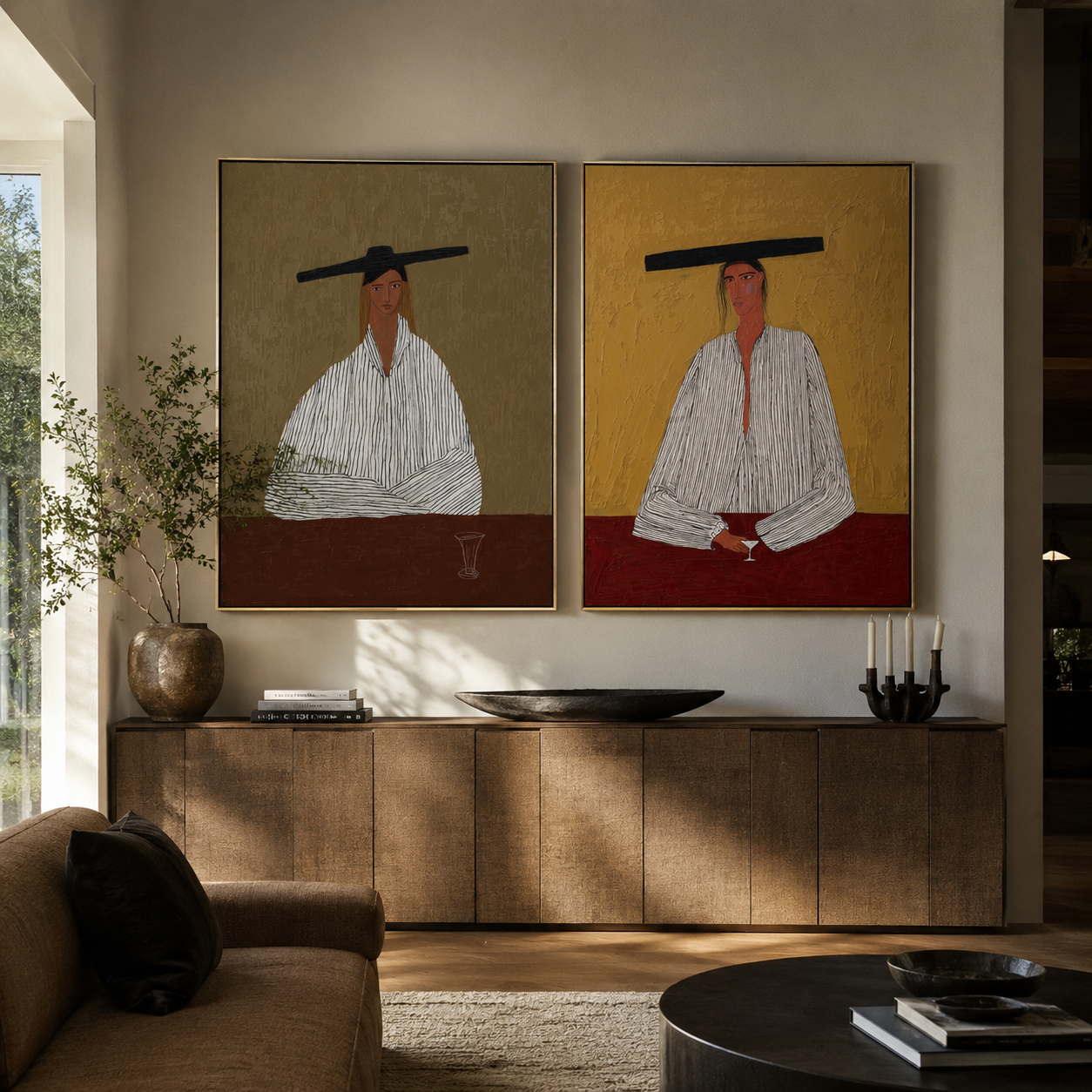 Red Table Keeps Company two-panel Western artwork with layered color