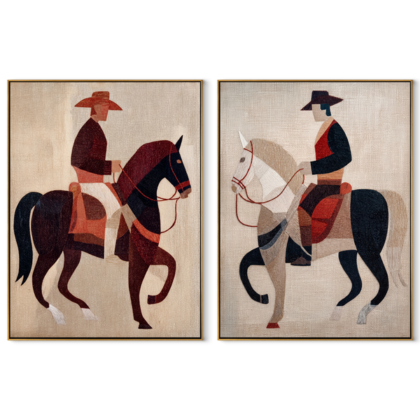 Riders Cut Red Geometry – red Western Rider Diptych Painting | Modern Vintage Americana Set of 2 Wall Art