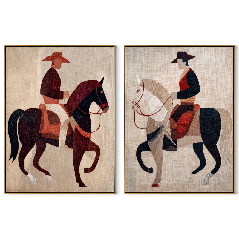 Riders Cut Red Geometry – red Western Rider Diptych Painting | Modern Vintage Americana Set of 2 Wall Art