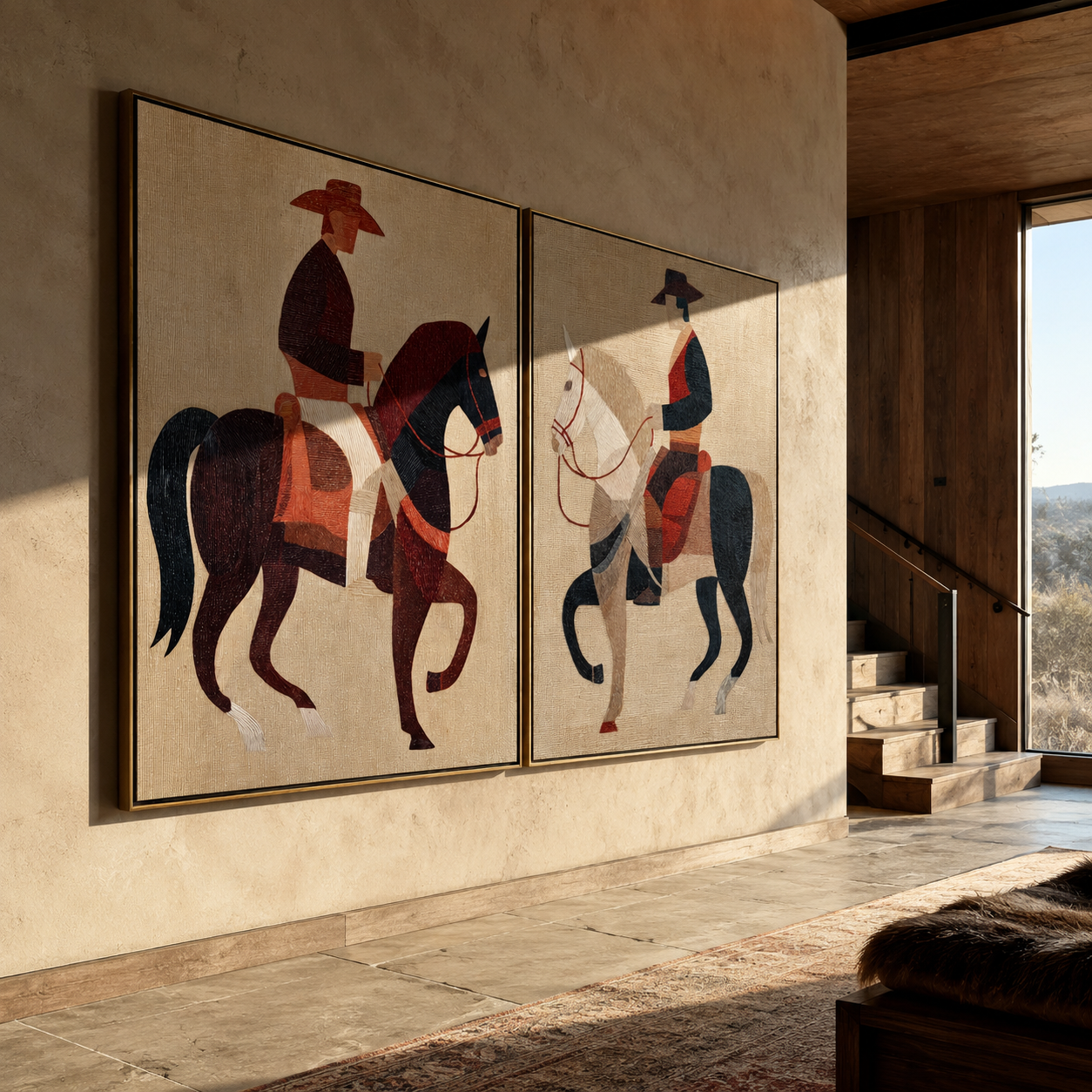 Riders Cut Red Geometry paired wall art styled above modern furniture