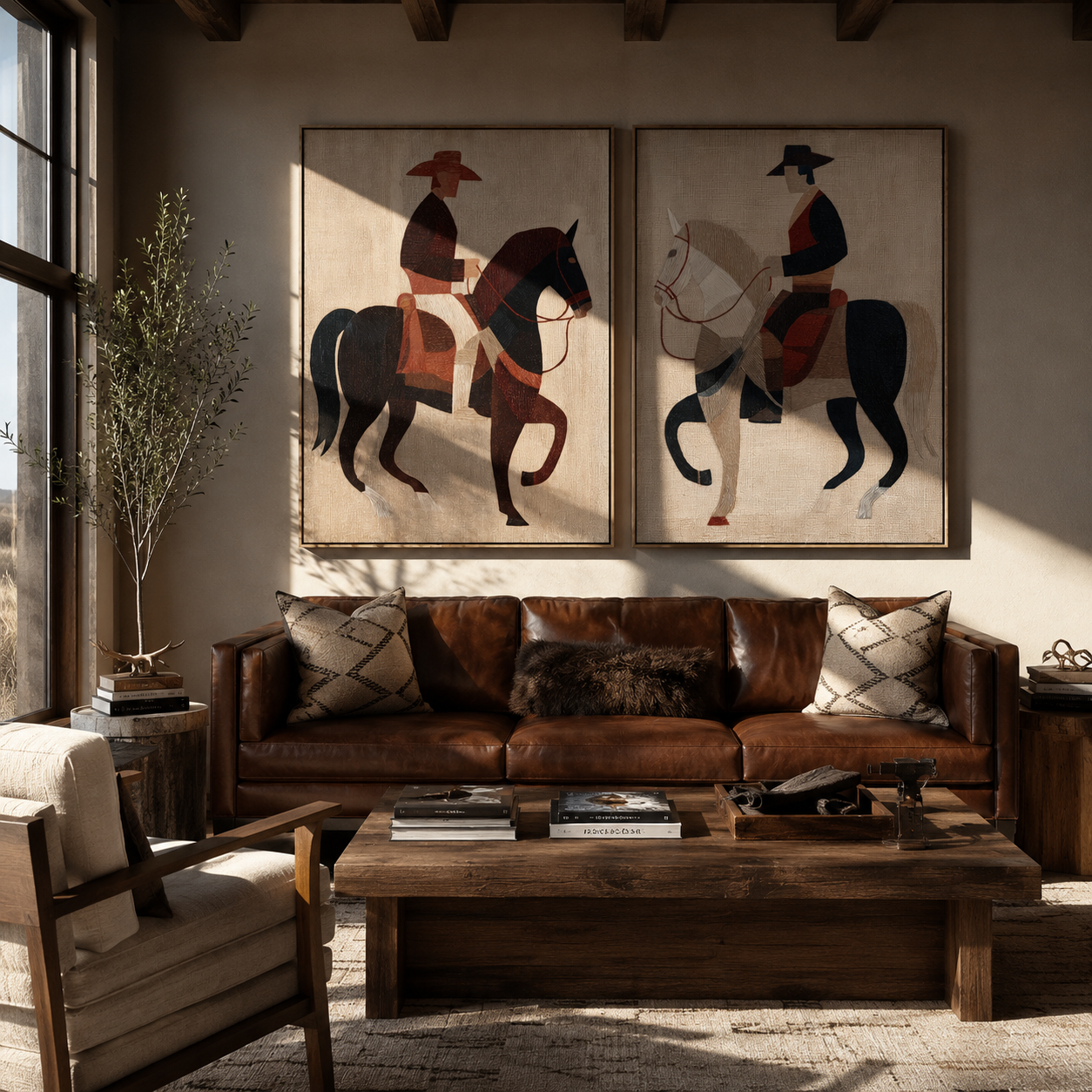 Riders Cut Red Geometry Vintage Americana diptych in a collected room
