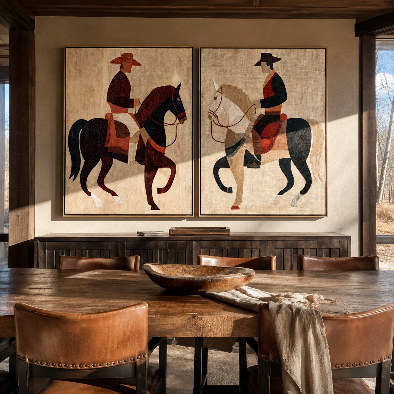 Riders Cut Red Geometry two-panel Western artwork with layered color