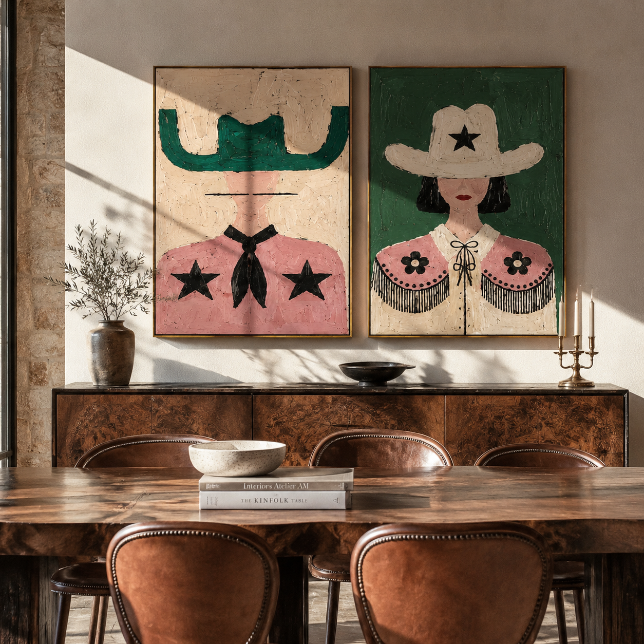 Star Cowgirls Share Color Western diptych displayed in a contemporary interior