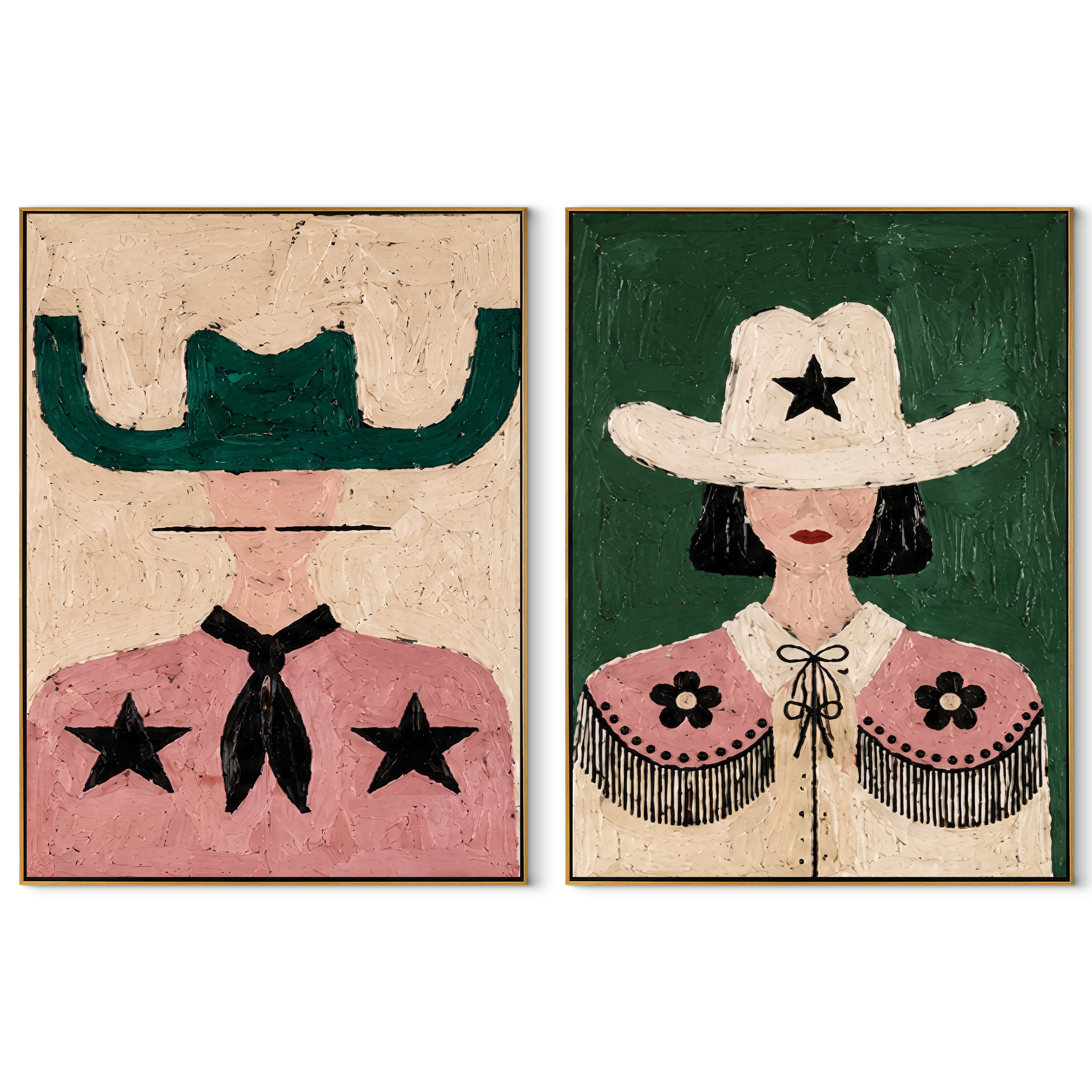 Star Cowgirls Share Color set of two vertical canvas artworks on white