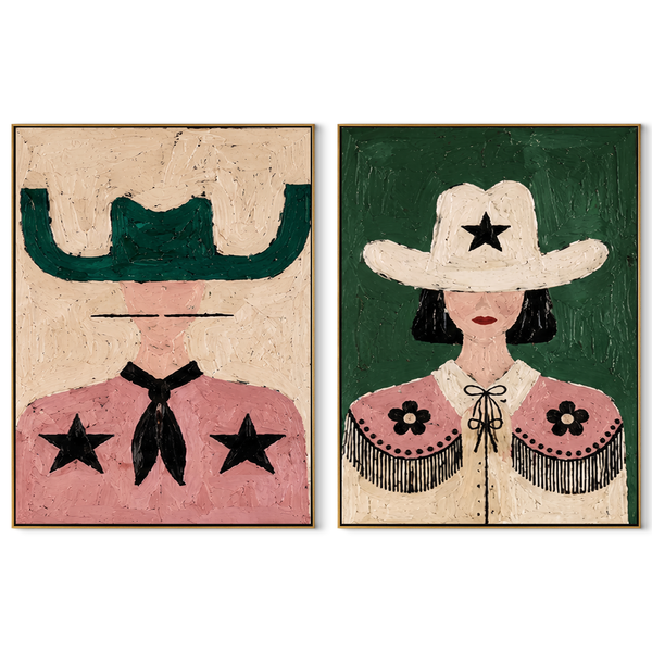 Star Cowgirls Share Color – green Western Portrait Diptych Painting | Modern Vintage Americana Set of 2 Wall Art