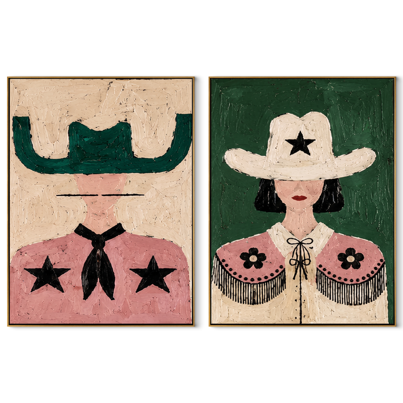 Star Cowgirls Share Color – green Western Portrait Diptych Painting | Modern Vintage Americana Set of 2 Wall Art