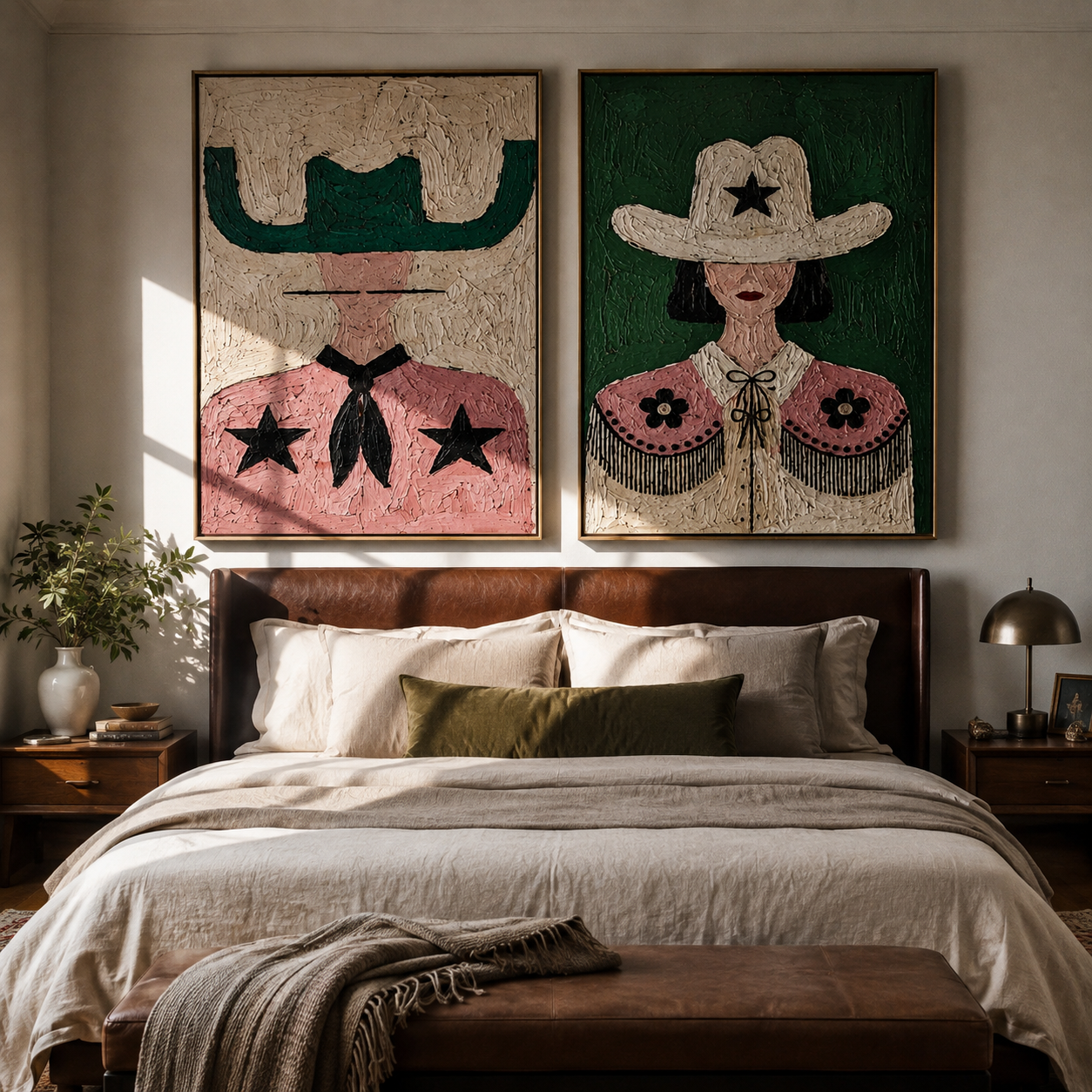 Star Cowgirls Share Color paired wall art styled above modern furniture