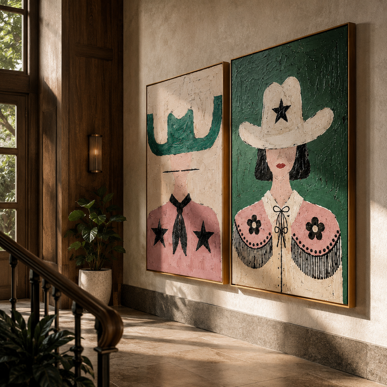 Star Cowgirls Share Color two-panel Western artwork with layered color