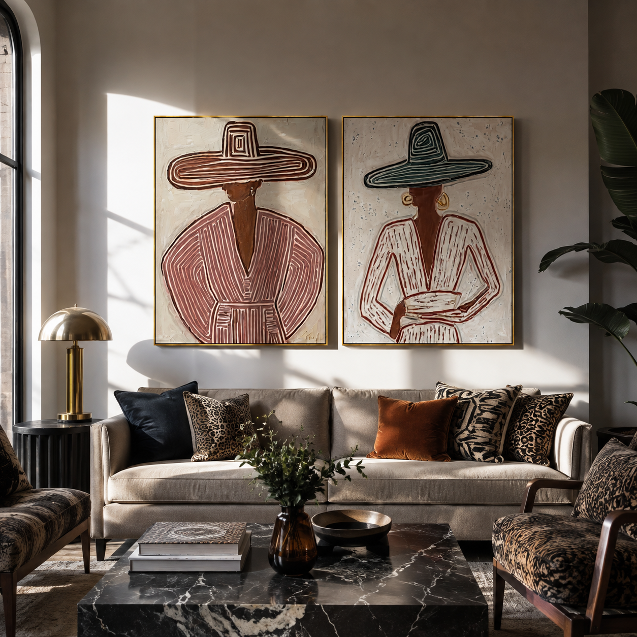 Mauve Lines Meet Teal Western diptych displayed in a contemporary interior