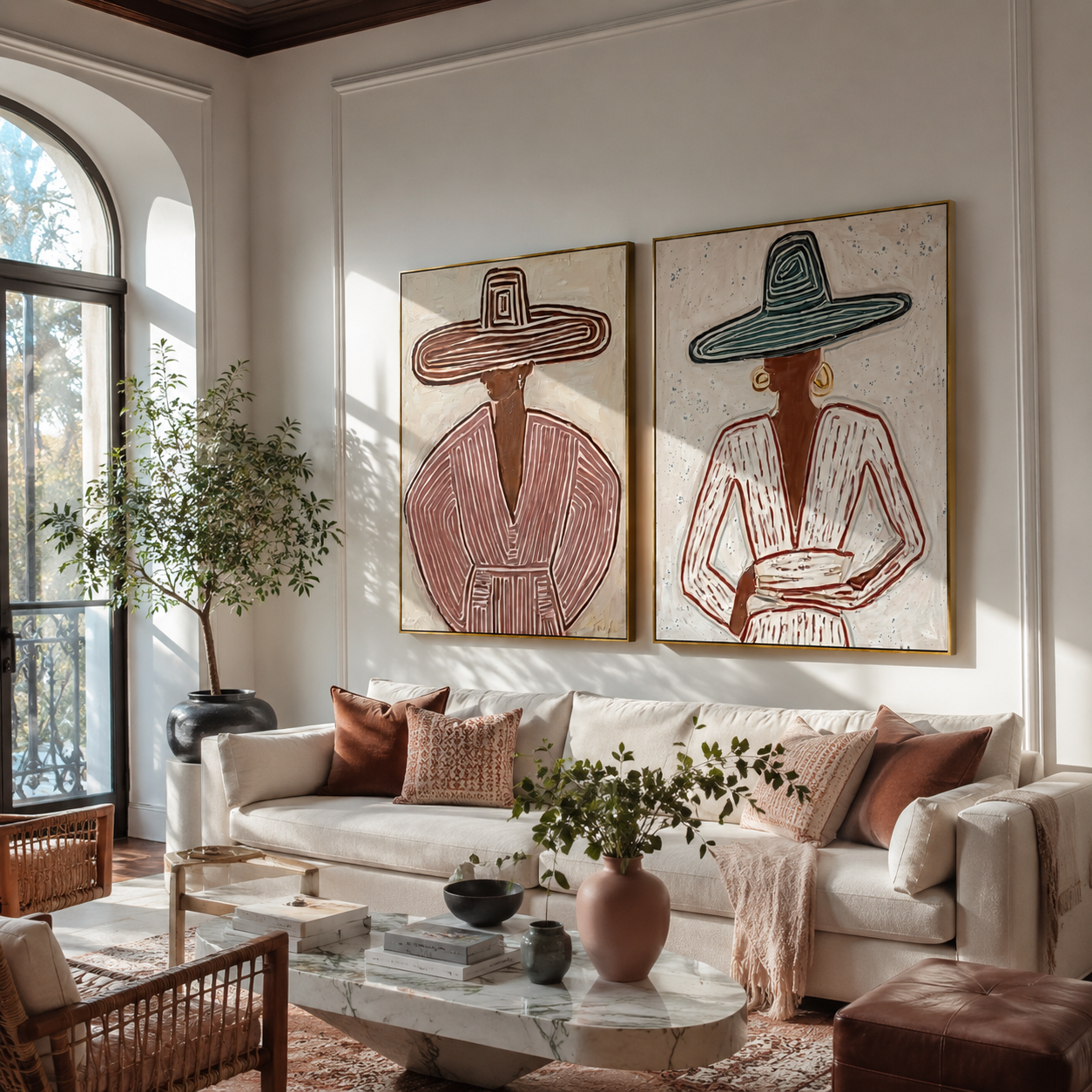 Mauve Lines Meet Teal paired wall art styled above modern furniture