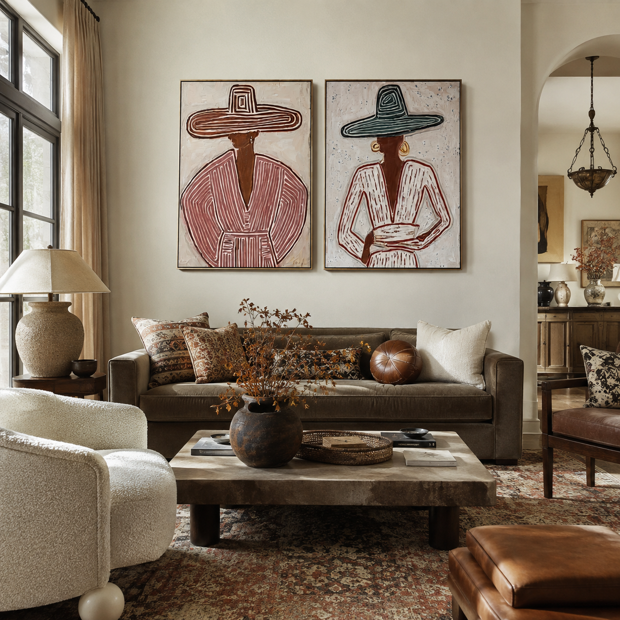 Mauve Lines Meet Teal diptych presented with natural materials and decor