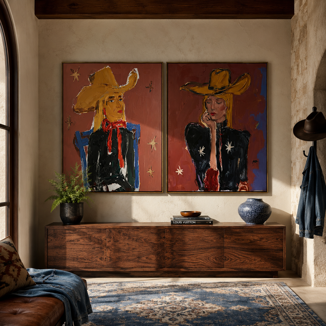 Yellow Hats Speak Loudly Western diptych displayed in a contemporary interior