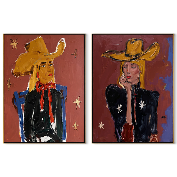 Yellow Hats Speak Loudly – yellow Western Portrait Diptych Painting | Modern Vintage Americana Set of 2 Wall Art
