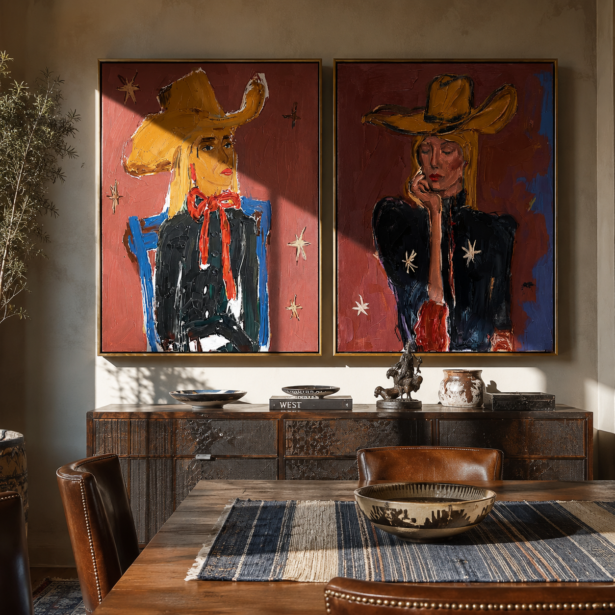Yellow Hats Speak Loudly paired wall art styled above modern furniture