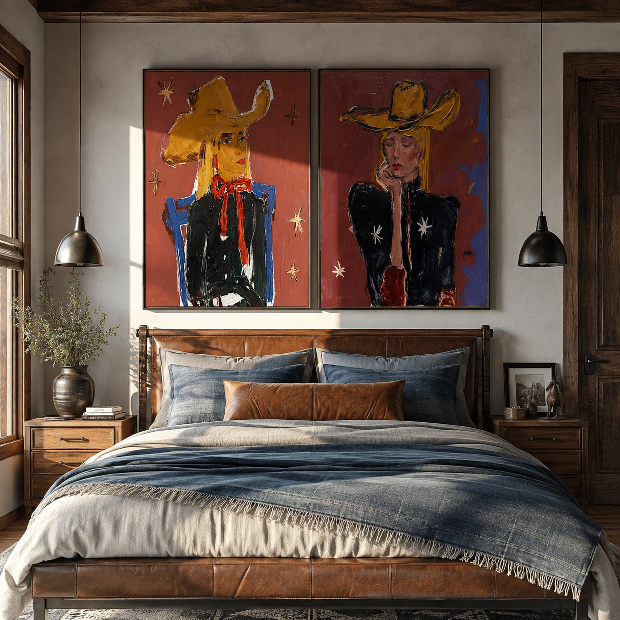 Yellow Hats Speak Loudly diptych presented with natural materials and decor