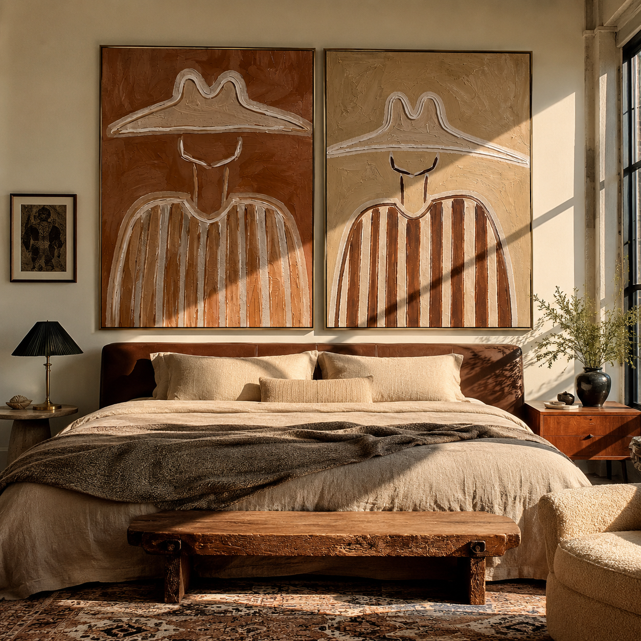 Coral Lines Shape Cowboys Western diptych displayed in a contemporary interior