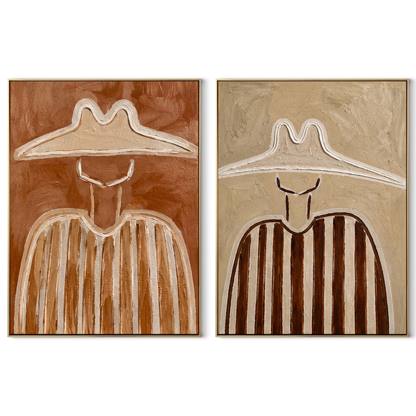 Coral Lines Shape Cowboys – coral Western Portrait Diptych Painting | Modern Vintage Americana Set of 2 Wall Art