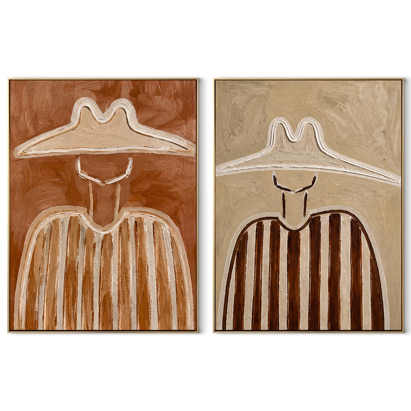 Coral Lines Shape Cowboys – coral Western Portrait Diptych Painting | Modern Vintage Americana Set of 2 Wall Art