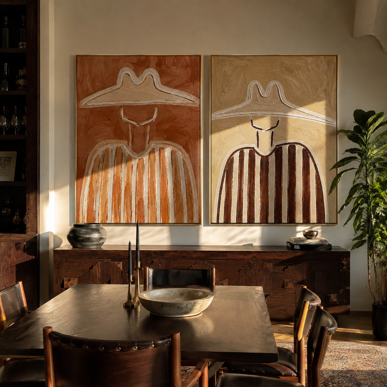 Coral Lines Shape Cowboys Vintage Americana diptych in a collected room