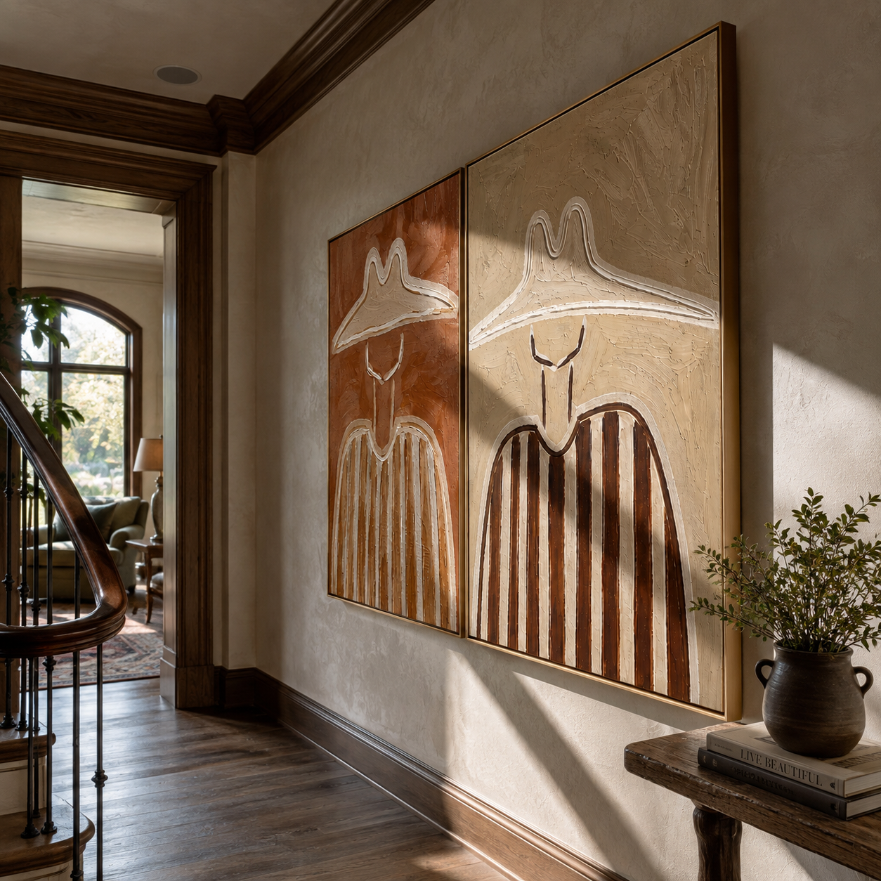 Coral Lines Shape Cowboys two-panel Western artwork with layered color