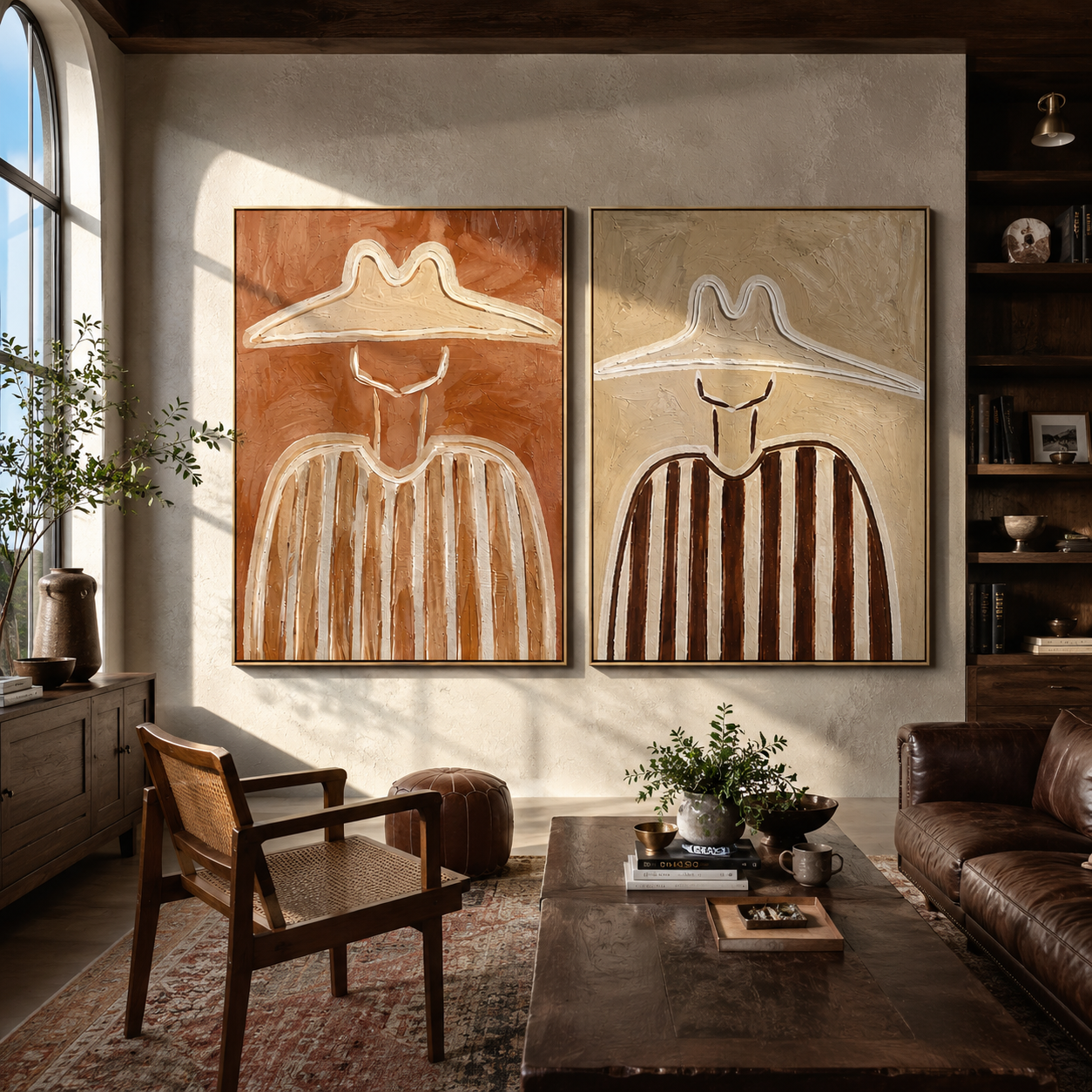 Coral Lines Shape Cowboys diptych presented with natural materials and decor