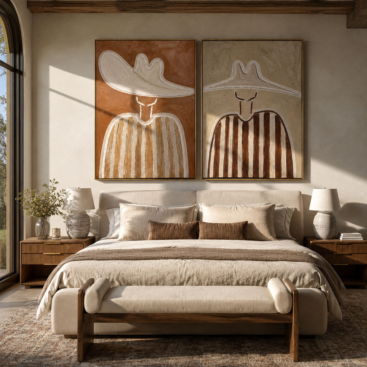 Soft Sombreros Hold Time Western diptych displayed in a contemporary interior